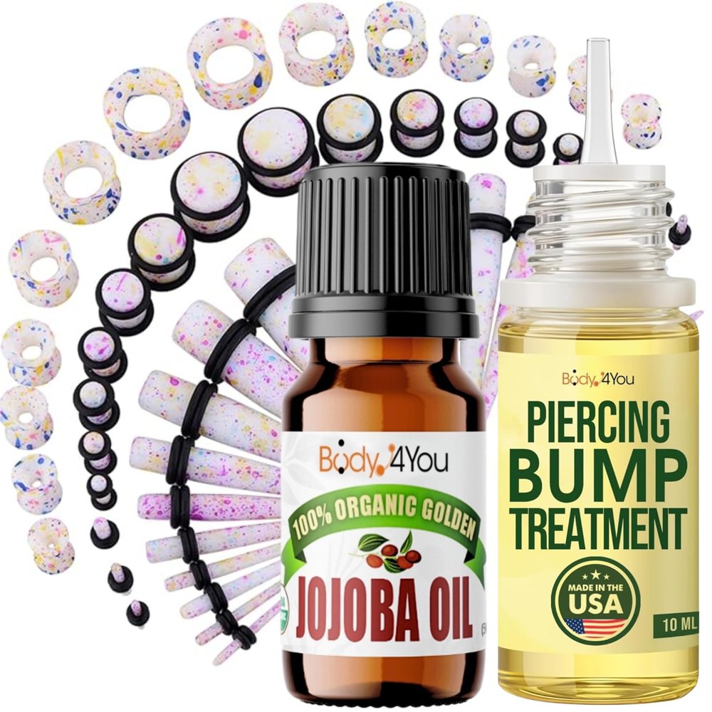 BodyJ4You 55PC Gauges Kit 14G-12mm - Aftercare Jojoba Oil, Bump Keloid Treatment Drops - Multicolor Splatter