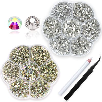 3150Pcs ss4-ss20 Rhinestones,Clear ab Diamond Nails Stone+Transparant White Nail Gems,Small Round Flatback Rhinestones for Crafts/Makeup,Stones for Nail Art With Wax Pen and Tweezer, HINABTRU