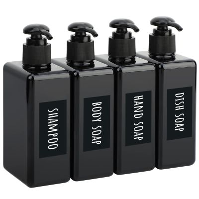 Segbeauty Shampoo Conditioner Dispenser Small, 4 Pack 9.5oz Plastic Square Pump Bottles with Labels, 280ml Refillable Bathroom Soap Dispenser Empty Lotion Liquid Container Travel Cosmetic Bottle Black