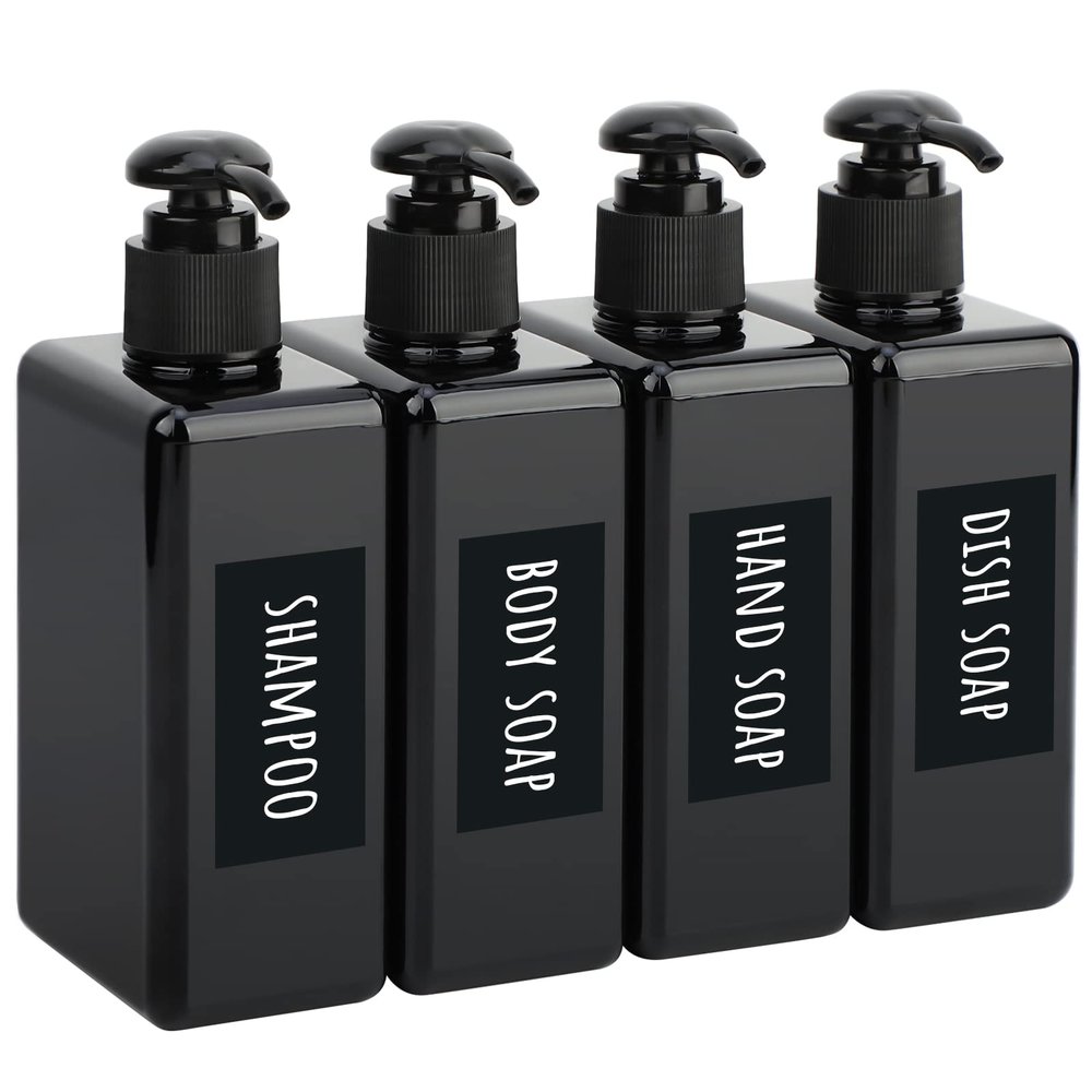Segbeauty Shampoo Conditioner Dispenser Small, 4 Pack 9.5oz Plastic Square Pump Bottles with Labels, 280ml Refillable Bathroom Soap Dispenser Empty Lotion Liquid Container Travel Cosmetic Bottle Black