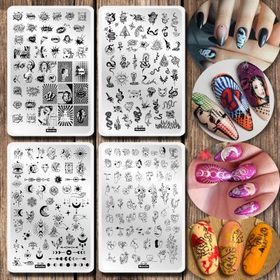 4pcs Abstract Face Various Snake Nail Stamp Templates Moon Star Space Galaxy Large Nail Stamping Plates Line Beauty Girl Letter Word Pictures Stencil Flower Leaf Starry Sky Nail Art Image Plate