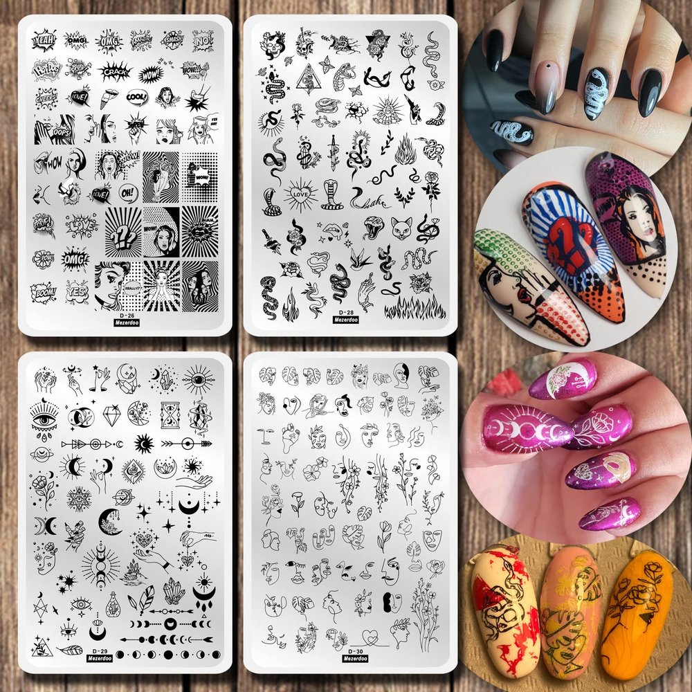 4pcs Abstract Face Various Snake Nail Stamp Templates Moon Star Space Galaxy Large Nail Stamping Plates Line Beauty Girl Letter Word Pictures Stencil Flower Leaf Starry Sky Nail Art Image Plate