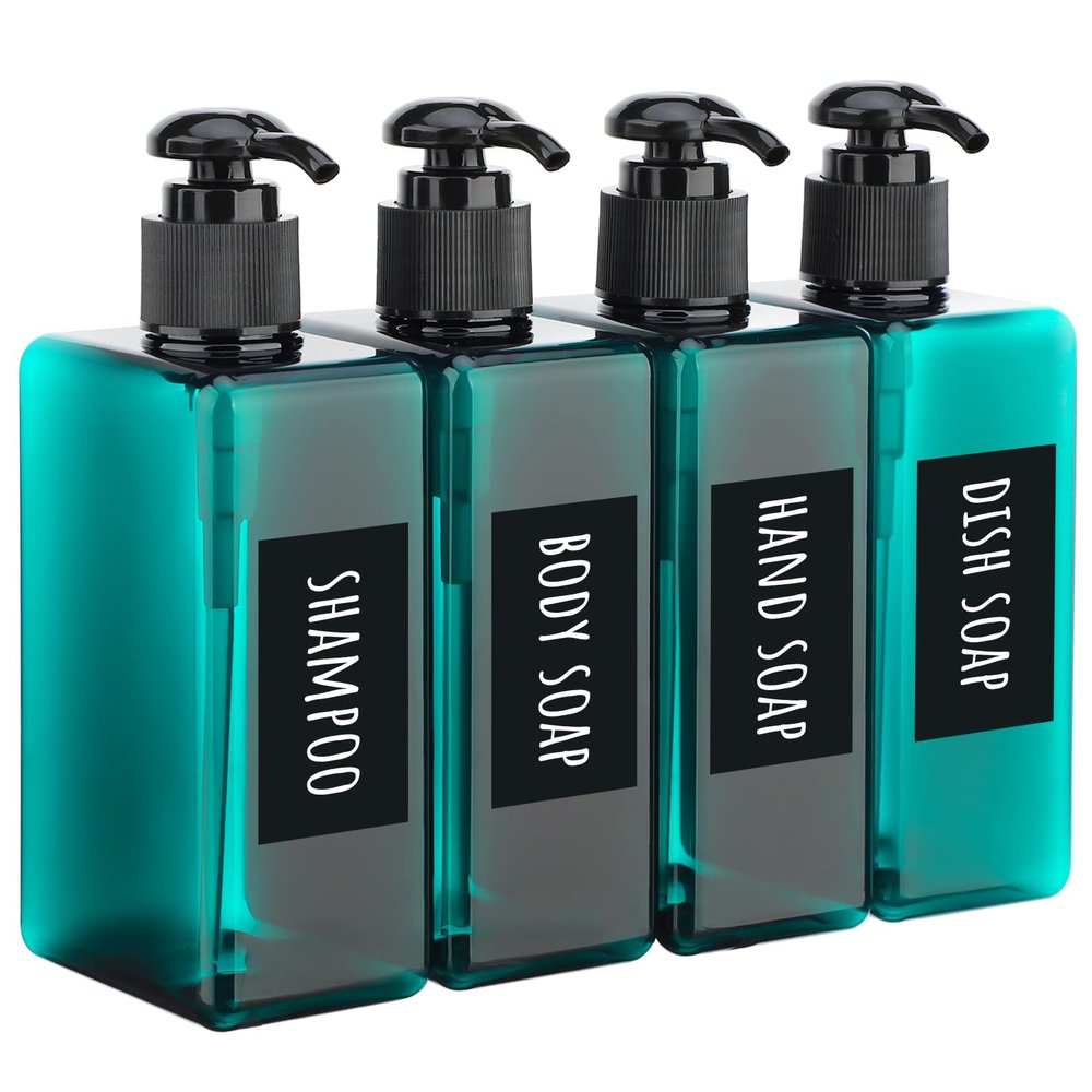Segbeauty 4pcs Empty Shampoo Bottles, 9.5oz Plastic Square Shower Pump Bottle Refillable, 280ml Small Green Lotion Dispenser Makeup Container with Labels for Travel Bathroom Hotel Kitchen Sink Dresser