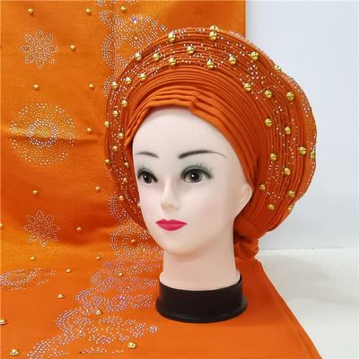 Shawl Scarf Beaded lace Sewing Fabric for Party+African headties Nigerian gele headties with Stones Women Head wrap by MSB Fabric Color 724