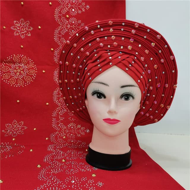 Head wrap African headtie Nigerian gele headties with Stones +Shawl Women Scarf Beaded lace Sewing Fabric for Party by MSB Fabric Color 827