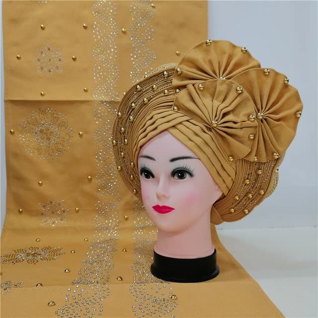 Shawl Scarf Beaded lace Sewing Fabric for Party+African headties Nigerian gele headties with Stones Women Head wrap by MSB Fabric Color 744