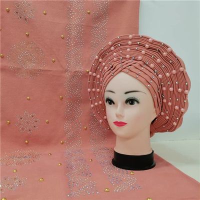 Shawl Scarf Beaded lace Sewing Fabric for Party+African headties Nigerian gele headties with Stones Women Head wrap by MSB Fabric Color 755