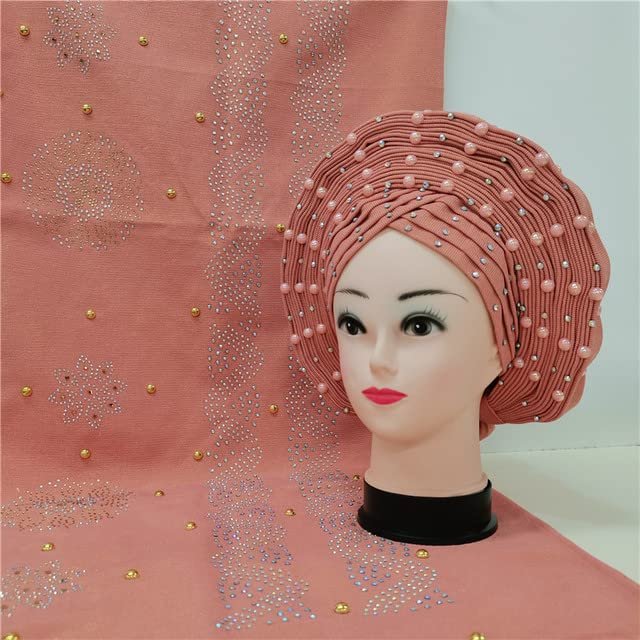 Shawl Scarf Beaded lace Sewing Fabric for Party+African headties Nigerian gele headties with Stones Women Head wrap by MSB Fabric Color 755