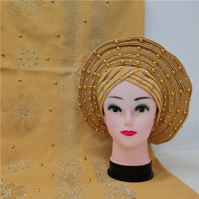 Shawl Scarf Beaded lace Sewing Fabric for Party+African headties Nigerian gele headties with Stones Women Head wrap by MSB Fabric Color 757