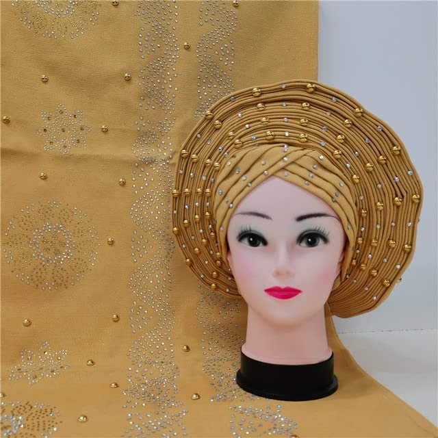 Shawl Scarf Beaded lace Sewing Fabric for Party+African headties Nigerian gele headties with Stones Women Head wrap by MSB Fabric Color 757