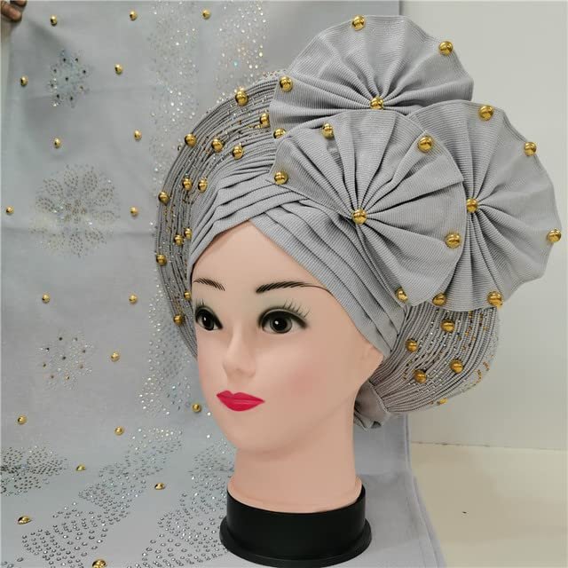 Shawl Scarf Beaded lace Sewing Fabric for Party+African headties Nigerian gele headties with Stones Women Head wrap by MSB Fabric Color 743