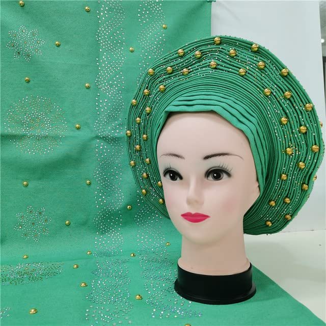 Shawl Scarf Beaded lace Sewing Fabric for Party+African headties Nigerian gele headties with Stones Women Head wrap by MSB Fabric Color 723
