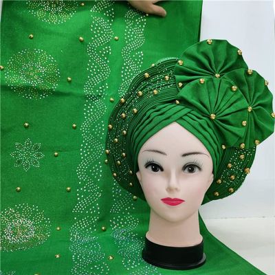 Shawl Scarf Beaded lace Sewing Fabric for Party+African headties Nigerian gele headties with Stones Women Head wrap by MSB Fabric Color 746