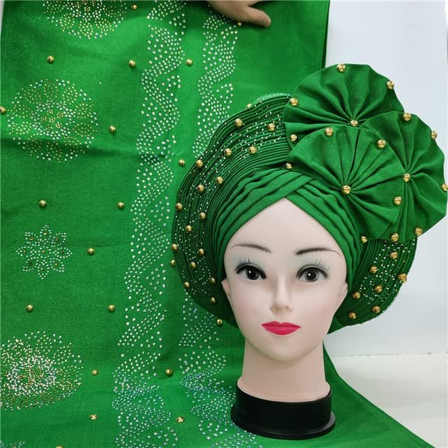 Shawl Scarf Beaded lace Sewing Fabric for Party+African headties Nigerian gele headties with Stones Women Head wrap by MSB Fabric Color 746