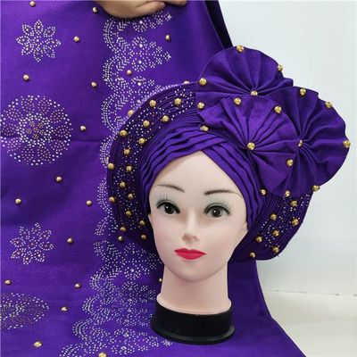 Shawl Scarf Beaded lace Sewing Fabric for Party+African headties Nigerian gele headties with Stones Women Head wrap by MSB Fabric Color 739