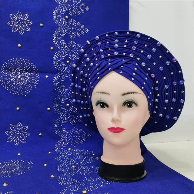 Head wrap African headtie Nigerian gele headties with Stones +Shawl Women Scarf Beaded lace Sewing Fabric for Party by MSB Fabric Color 836