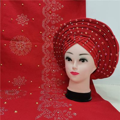Shawl Scarf Beaded lace Sewing Fabric for Party+African headties Nigerian gele headties with Stones Women Head wrap by MSB Fabric Color 749