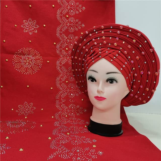 Shawl Scarf Beaded lace Sewing Fabric for Party+African headties Nigerian gele headties with Stones Women Head wrap by MSB Fabric Color 749