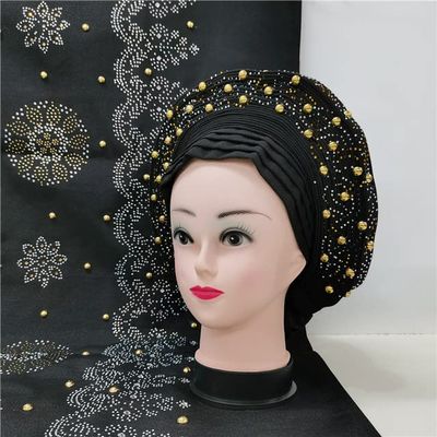 Shawl Scarf Beaded lace Sewing Fabric for Party+African headties Nigerian gele headties with Stones Women Head wrap by MSB Fabric Color 729