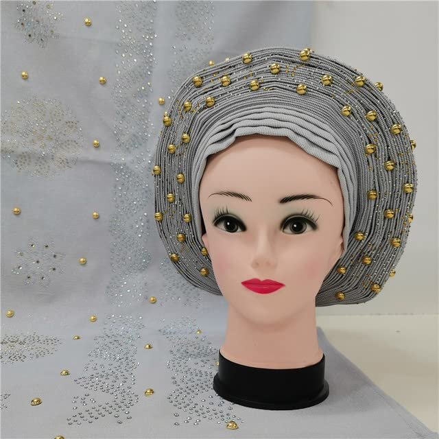 Shawl Scarf Beaded lace Sewing Fabric for Party+African headties Nigerian gele headties with Stones Women Head wrap by MSB Fabric Color 731