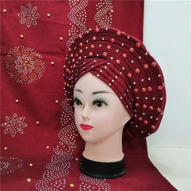 Shawl Scarf Beaded lace Sewing Fabric for Party+African headties Nigerian gele headties with Stones Women Head wrap by MSB Fabric Color 748