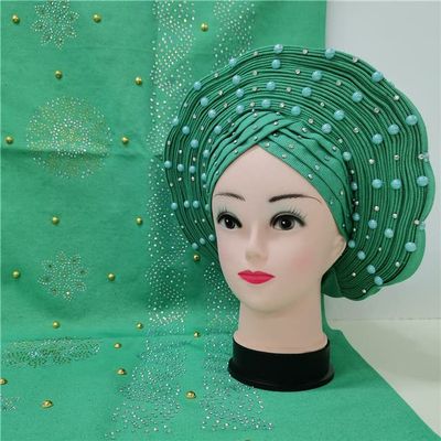 Head wrap African headtie Nigerian gele headties with Stones +Shawl Women Scarf Beaded lace Sewing Fabric for Party by MSB Fabric Color 833