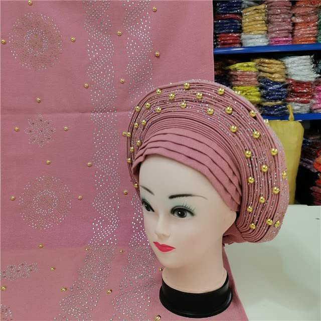 Shawl Scarf Beaded lace Sewing Fabric for Party+African headties Nigerian gele headties with Stones Women Head wrap by MSB Fabric Color 717