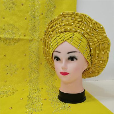 Shawl Scarf Beaded lace Sewing Fabric for Party+African headties Nigerian gele headties with Stones Women Head wrap by MSB Fabric Color 754
