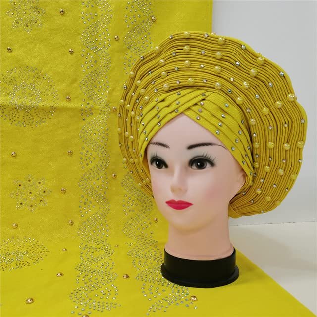 Shawl Scarf Beaded lace Sewing Fabric for Party+African headties Nigerian gele headties with Stones Women Head wrap by MSB Fabric Color 754
