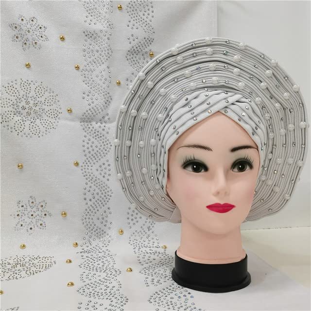 Head wrap African headtie Nigerian gele headties with Stones +Shawl Women Scarf Beaded lace Sewing Fabric for Party by MSB Fabric Color 825