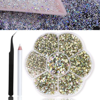 8000Pcs Ultra Mini 1.2Mm Nail Rhinestones Iridescent Ab Pixie Crystals for Nails+3150Pcs ss4-ss20 ab Diamond Nails Stone Rhinestones for Crafts with Wax Pencil and Tweezers, HINABTRU