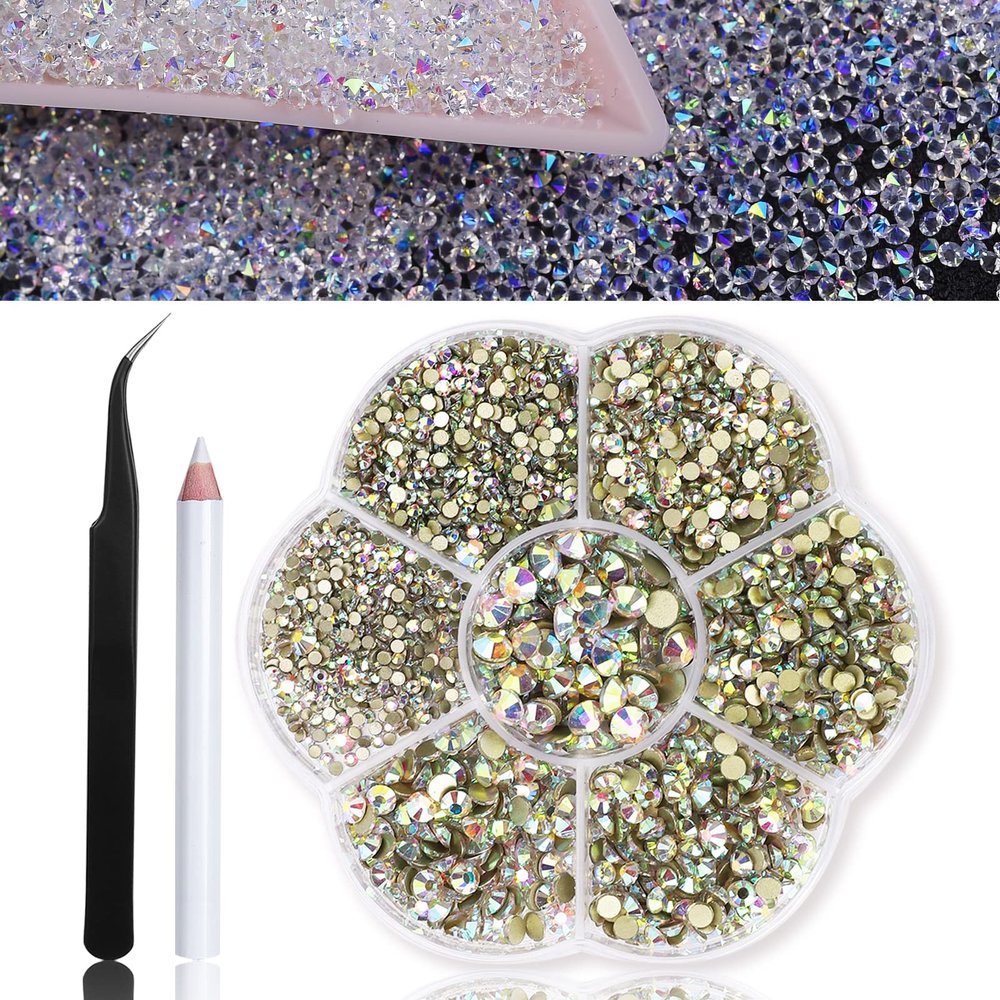 8000Pcs Ultra Mini 1.2Mm Nail Rhinestones Iridescent Ab Pixie Crystals for Nails+3150Pcs ss4-ss20 ab Diamond Nails Stone Rhinestones for Crafts with Wax Pencil and Tweezers, HINABTRU