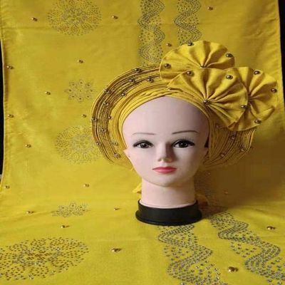 African headties Nigerian gele headties with Stones Women Head wrap +Shawl Scarf Beaded lace Sewing Fabric for Party by MSB Fabric Color 848