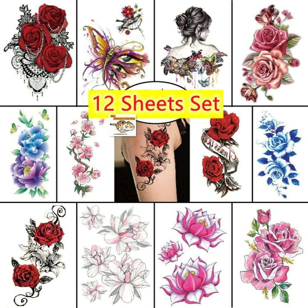12 Sheets Set Temporary Waterproof 3D Butterfly Flowers Tattoos Stickers Body (Variety Exquisite Temporary Tattoo Stickers)