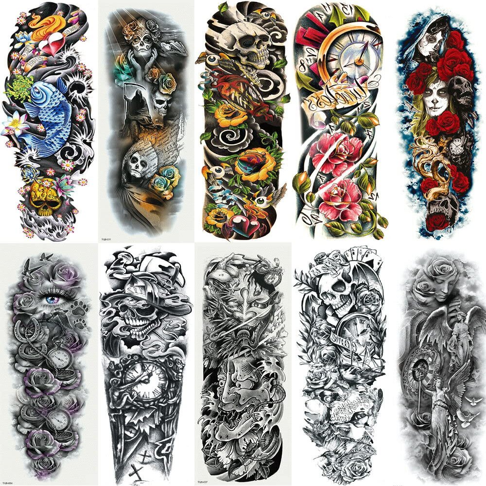 10 Sheets Fake Temporary Tattoo Body Full Arm Sticker Waterproof 10 Black Color (Variety Exquisite Temporary Tattoo Stickers)