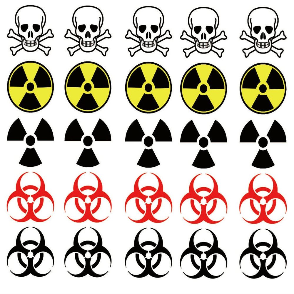 25 Tattoos: Warning Symbol, Biohazard, Skull , Crossbones, Radiation, Poison (Variety Exquisite Temporary Tattoo Stickers)