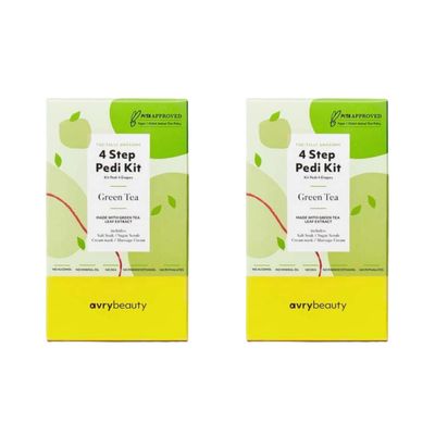 AvryBeauty 4-Step Pedi 2-pack, Green Tea Scented, Green Tea Infused, Renewing Pedicure, At-Home Foot Care Kit, Sugar Foot Scrub, Foot Cream, Spa Pedicure for Dry, Callused Feet