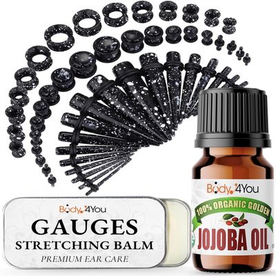 BodyJ4You 55PC Ear Stretching Kit 14G-12mm - Aftercare Jojoba Oil Ear Stretching Balm - Black White Acrylic Plugs Gauge Tapers Silicone Tunnels - Lightweight Expanders Men Women