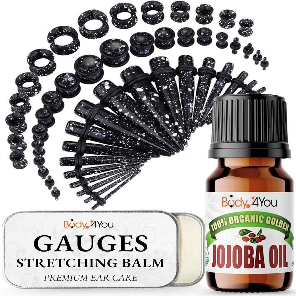 BodyJ4You 55PC Ear Stretching Kit 14G-12mm - Aftercare Jojoba Oil Ear Stretching Balm - Black White Acrylic Plugs Gauge Tapers Silicone Tunnels - Lightweight Expanders Men Women