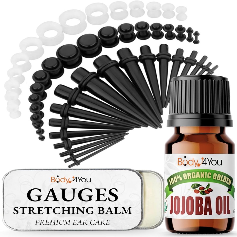 BodyJ4You 55PC Ear Stretching Kit 14G-12mm - Aftercare Jojoba Oil Ear Stretching Balm - Black White Acrylic Plugs Gauge Tapers Silicone Tunnels - Lightweight Expanders Men Women