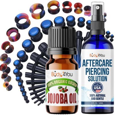 BodyJ4You 55PC Gauges Kit Ear Stretch Aftercare Jojoba Oil Piercing Aftercare Saline Cleanser Spray Wax 14G-12MM Black Blue Multicolor Tunnel Plug Taper
