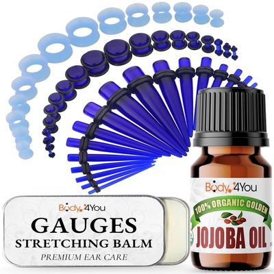 BodyJ4You 55PC Ear Stretching Kit 14G-12mm - Aftercare Jojoba Oil Ear Stretching Balm - Blue Acrylic Plugs Gauge Tapers Silicone Tunnels - Lightweight Expanders Men Women