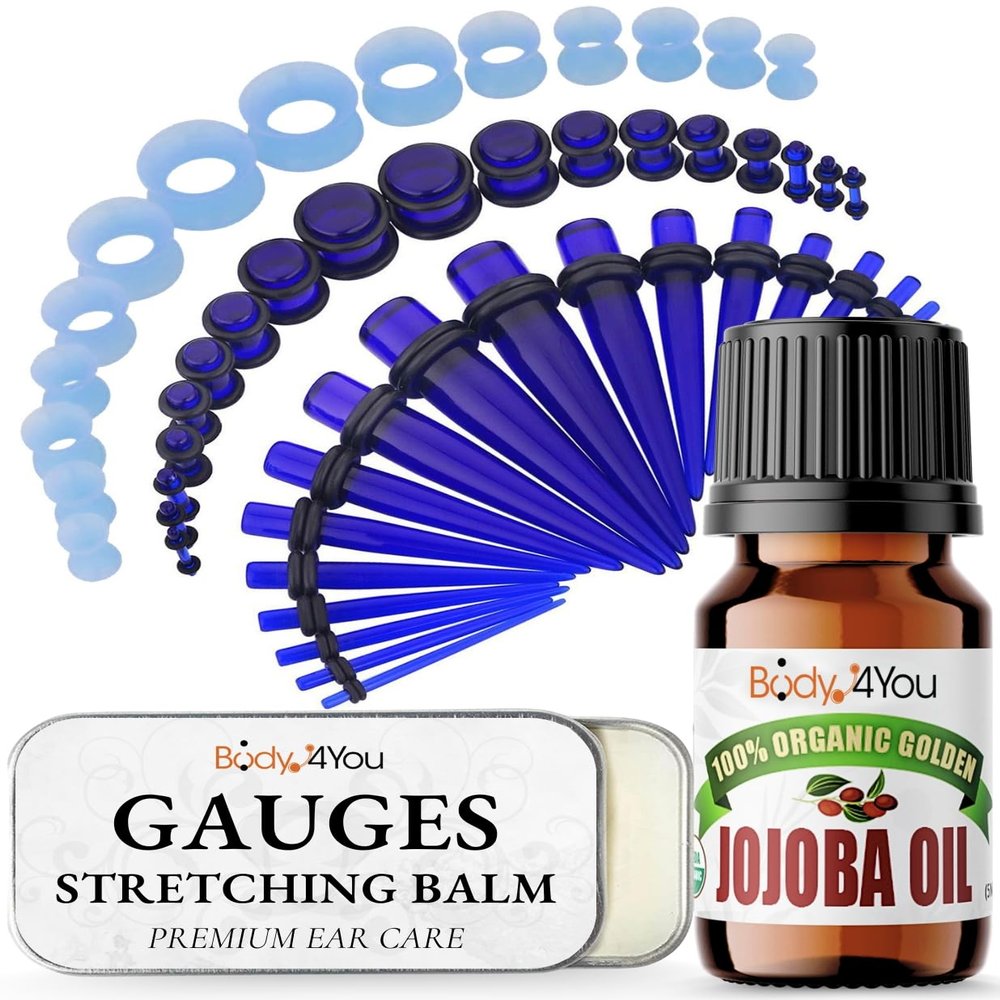 BodyJ4You 55PC Ear Stretching Kit 14G-12mm - Aftercare Jojoba Oil Ear Stretching Balm - Blue Acrylic Plugs Gauge Tapers Silicone Tunnels - Lightweight Expanders Men Women