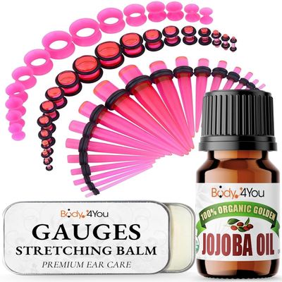 BodyJ4You 55PC Ear Stretching Kit 14G-12mm - Aftercare Jojoba Oil Ear Stretching Balm - Neon Pink Acrylic Plugs Gauge Tapers Silicone Tunnels - Lightweight Expanders Men Women