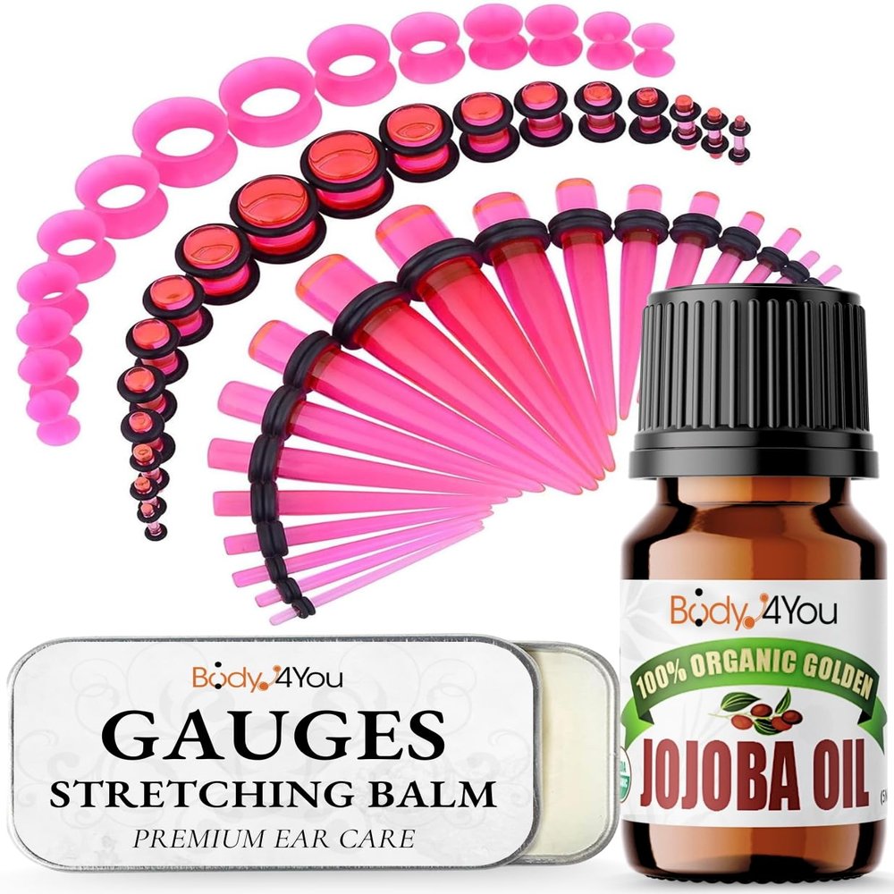 BodyJ4You 55PC Ear Stretching Kit 14G-12mm - Aftercare Jojoba Oil Ear Stretching Balm - Neon Pink Acrylic Plugs Gauge Tapers Silicone Tunnels - Lightweight Expanders Men Women