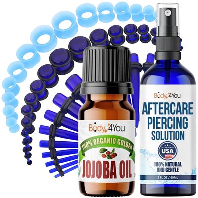 BodyJ4You 51PC Gauges Kit Ear Stretch Aftercare Jojoba Oil Piercing Aftercare Saline Cleanser Spray Wax 14G-12MM Aqua Royal Blue Tunnel Plug Taper