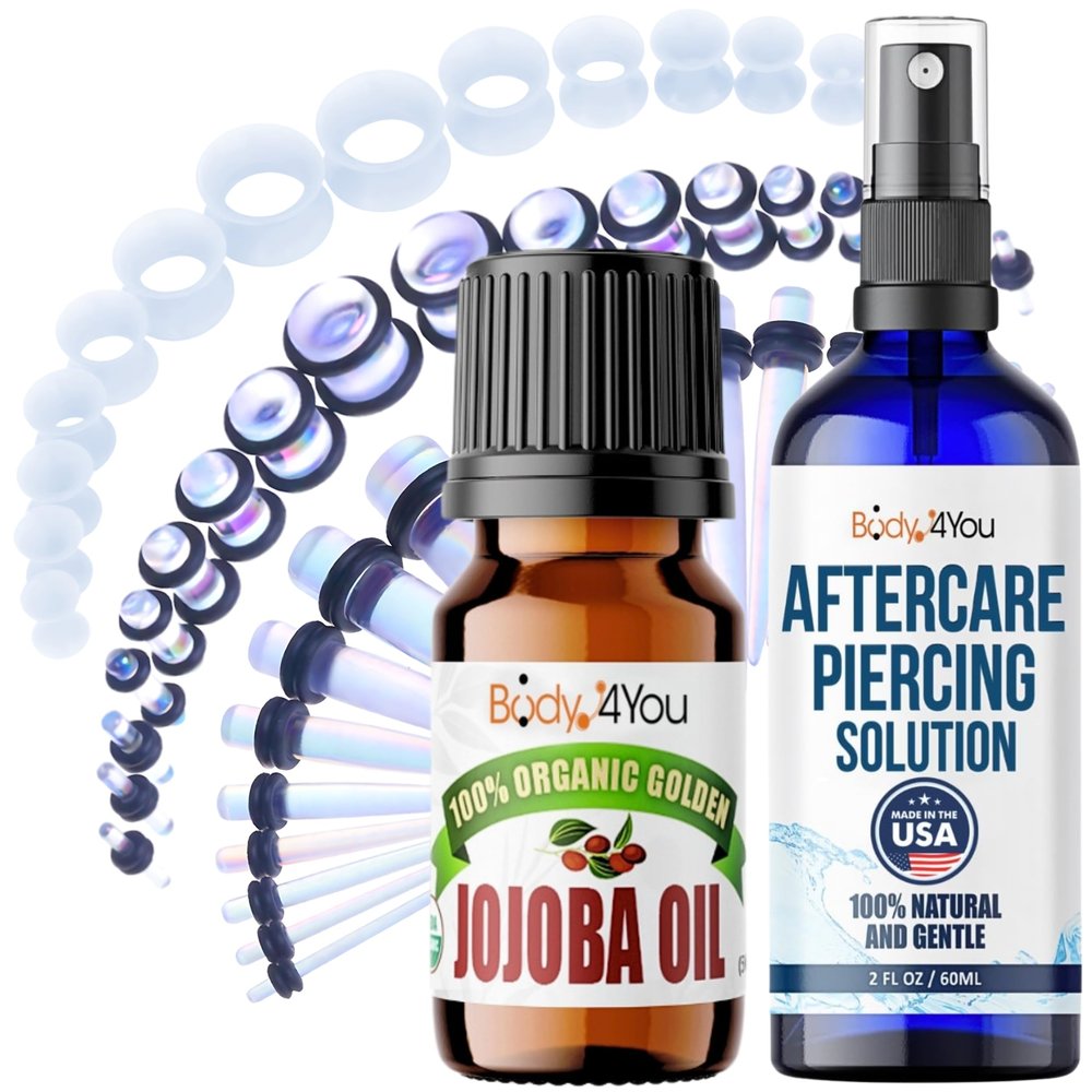 BodyJ4You 55PC Gauges Kit Ear Stretch Aftercare Jojoba Oil Piercing Aftercare Saline Cleanser Spray Wax 14G-12MM Aurora Grey Tunnel Plug Taper Set