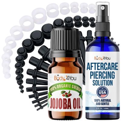 BodyJ4You 55PC Gauges Kit Ear Stretch Aftercare Jojoba Oil Piercing Aftercare Saline Cleanser Spray Wax 14G-12MM Black Taper White Silicone Tunnel Plug