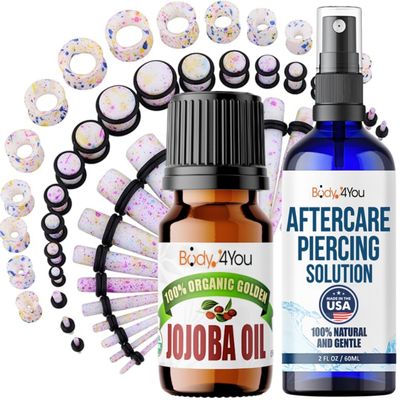 BodyJ4You 55PC Gauges Kit Ear Stretch Aftercare Jojoba Oil Piercing Aftercare Saline Cleanser Spray Wax 14G-12MM Multicolor Splatter Tunnel Plug Taper