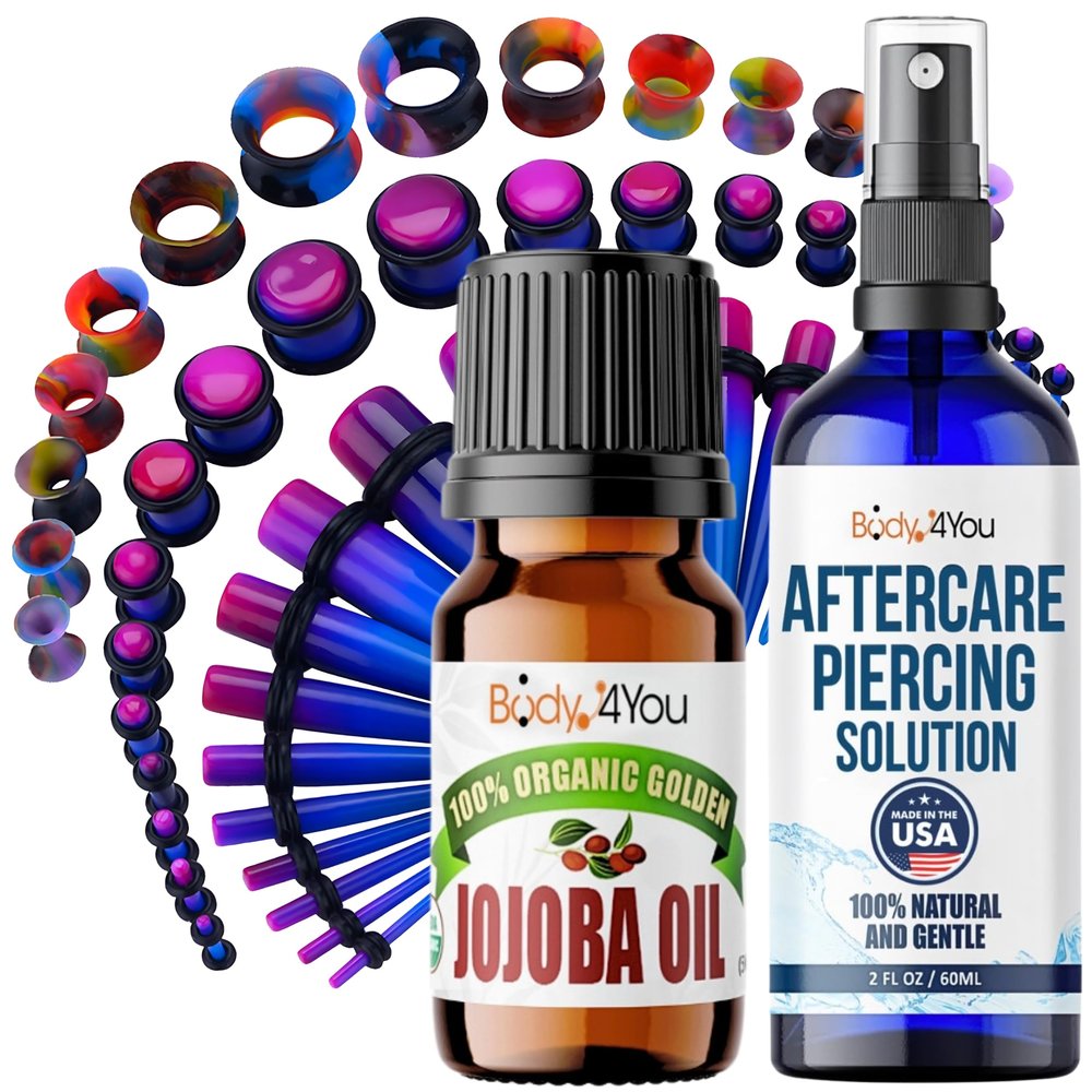 BodyJ4You 55PC Gauges Kit Ear Stretch Aftercare Jojoba Oil Piercing Aftercare Saline Cleanser Spray Wax 14G-12MM Purple Blue Multicolor Tunnel Plug Taper